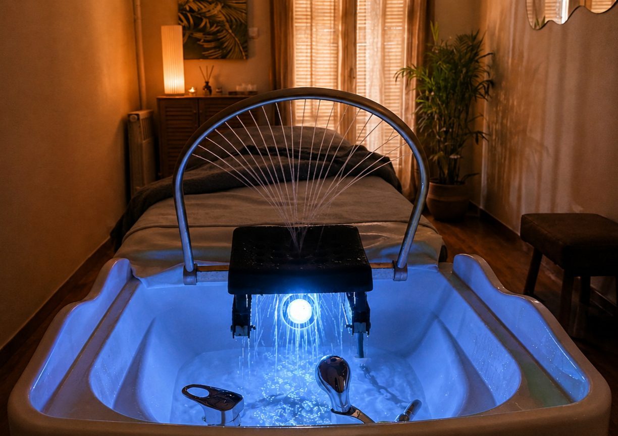 Thai head spa water basin glowing in a candlelit treatment room